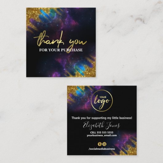 Hartelijk dank voor Glitter Galaxy Black Square Bu Vierkante Visitekaartje (Voorkant / Achterkant)