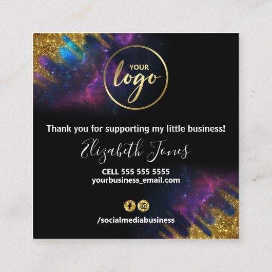 Hartelijk dank voor Glitter Galaxy Black Square Bu Vierkante Visitekaartje (Achterkant)