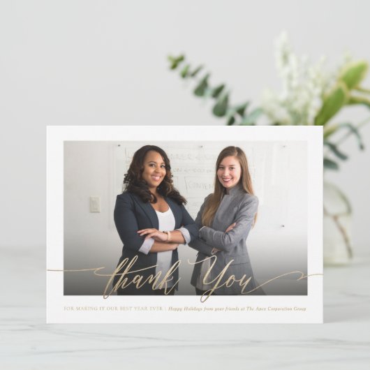 Hartelijk dank voor Gold Script Foto Stijlvol Chic Feestdagenkaart (Staand voorkant)