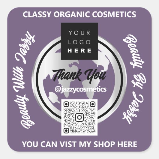 Hartelijk dank voor het Paarse Wereldbol QRCode Lo Vierkante Sticker (Voorkant)