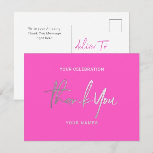 Hartelijk dank voor Silver Faux Folie Neon Fuchsia Briefkaart (Voorkant / Achterkant)