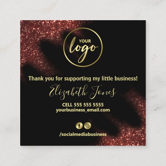 Hartelijk dank voor uw aankoop rood glitter op zwa vierkante visitekaartje (Achterkant)