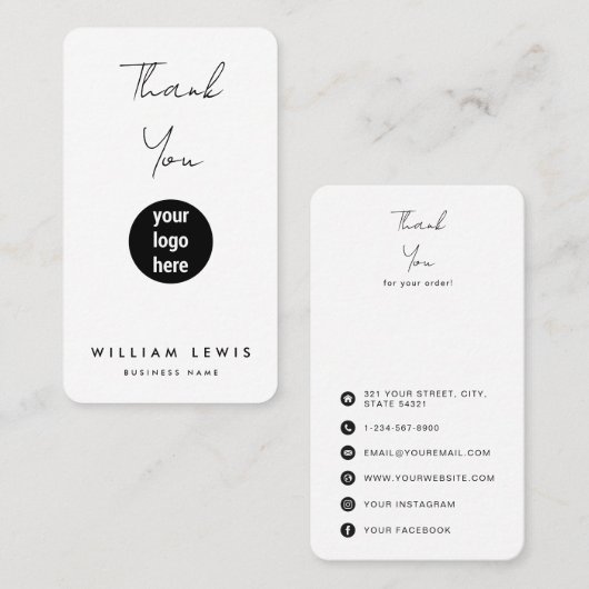 Hartelijk dank voor uw bestelling en pictogrammen  visitekaartje (Voorkant / Achterkant)