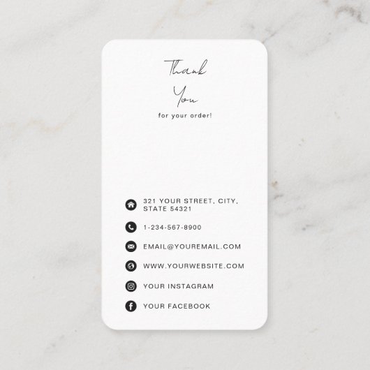 Hartelijk dank voor uw bestelling en pictogrammen  visitekaartje (Achterkant)