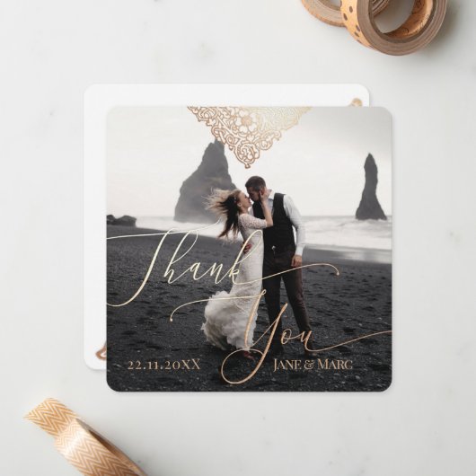 Hartelijk dank voor uw bruiloft, aangepaste vierka notitiekaartje (Voorkant / Achterkant in situ)