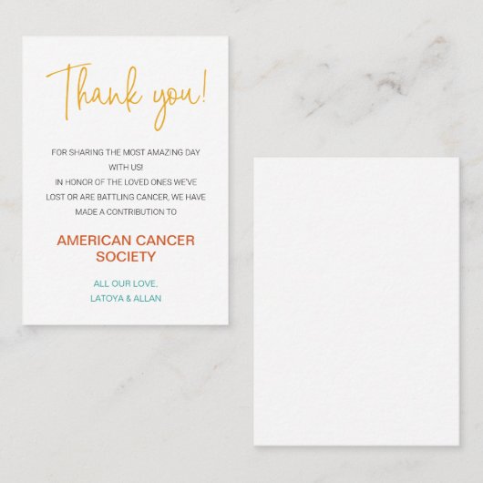 Hartelijk dank voor uw donatie aan liefdadigheidsb plaatskaartje (Voorkant / Achterkant)