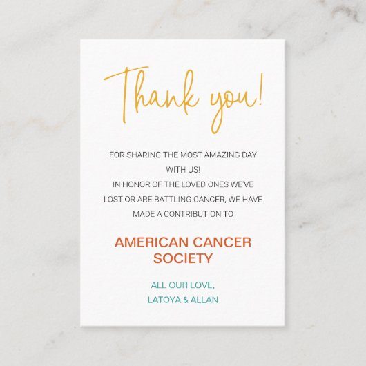 Hartelijk dank voor uw donatie aan liefdadigheidsb plaatskaartje (Voorkant)