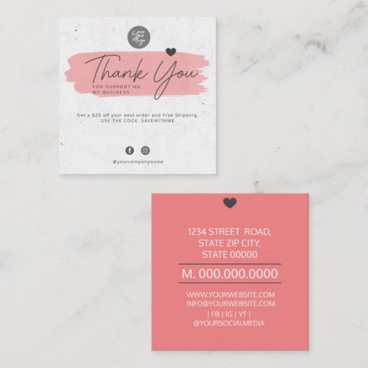 Hartelijk dank voor uw steun aan mijn bedrijf vierkante visitekaartje (Voorkant / Achterkant)