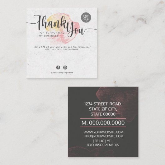 Hartelijk dank voor uw steun aan mijn bedrijf vierkante visitekaartje (Voorkant / Achterkant)