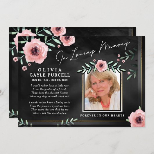 Hartelijk dank voor uw sympathie Zwarte & Roze Flo Bedankkaart (Voorkant / Achterkant)