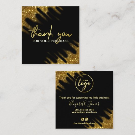 Hartelijk dank voor uw zwarte goudglitter-aankoop vierkante visitekaartje (Voorkant / Achterkant)