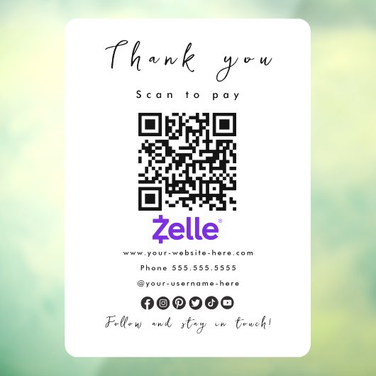 Hartelijk dank: Zelle QR Code Scan om Moderne Wit Raamsticker (Vel 3)