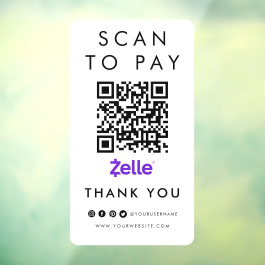 Hartelijk dank: Zelle Scan om QR Code Modern White Raamsticker (Vel 3)