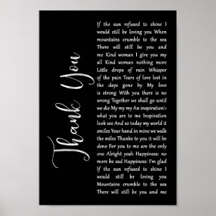 Hartelijk dank, zwart Script Song Lyric Wall Art a Poster