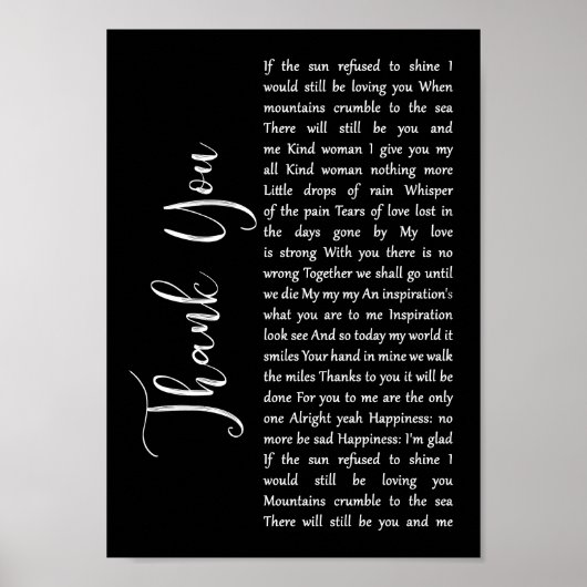 Hartelijk dank, zwart Script Song Lyric Wall Art a Poster (Voorkant)