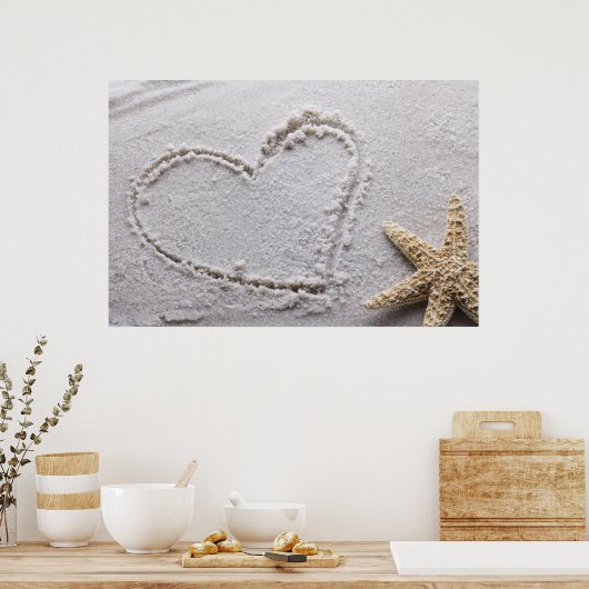 Hartelijk gedraaid in zand bij Beach w Starfish Sj Poster (Keuken)