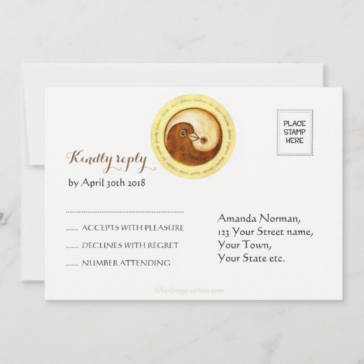 HARTELIJK REAGEREN TROUWKAART Gouden YinYang duive Kaart (Achterkant)