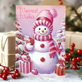 Hartelijke Wensen Mooie Roze Sneeuwman  Feestdagen Kaart