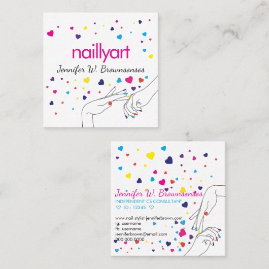 Harten Acryl Nail Spa Stylist Roze Blauw Geel Vierkante Visitekaartje (Voorkant / Achterkant)