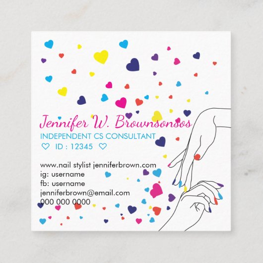 Harten Acryl Nail Spa Stylist Roze Blauw Geel Vierkante Visitekaartje (Achterkant)