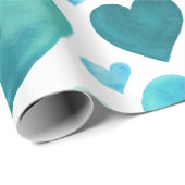 Harten - Blauwgroen Waterverf Harten Cadeaupapier (Rol Hoek)