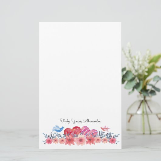 Harten, bloemen en kleine vogels | So Cute Briefpapier (Staand voorkant)