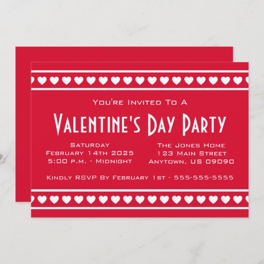 Harten Border Valetine's Day (rood / wit) Kaart (Voorkant / Achterkant)