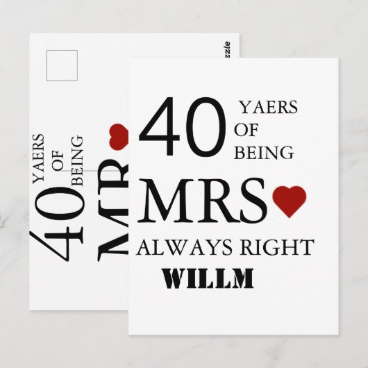 Harten bruiloft 40e Jubileum Mr. Mrs. Right Briefkaart (Voorkant / Achterkant)