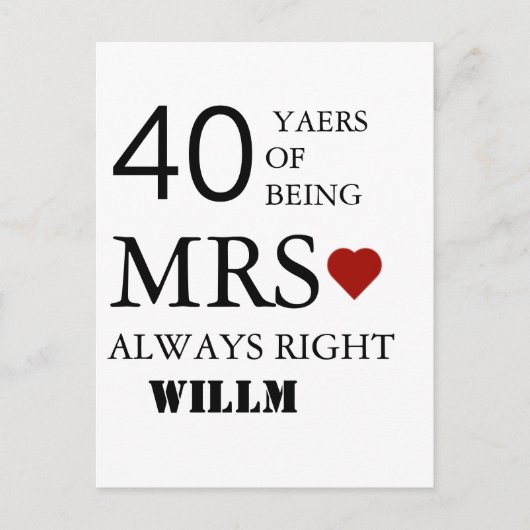 Harten bruiloft 40e Jubileum Mr. Mrs. Right Briefkaart (Voorkant)
