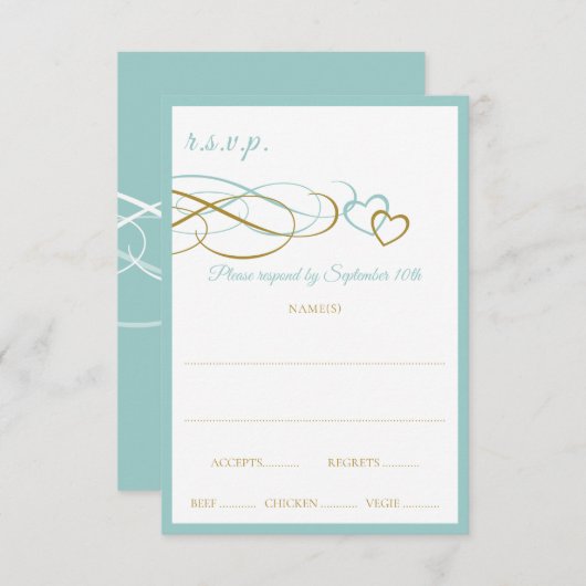 Harten Bruiloft Reactie Kaarten (Turquoise & Gold) RSVP Kaartje (Voorkant / Achterkant)