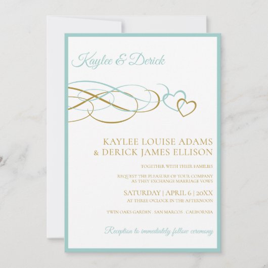 Harten bruiloft uitnodigingen | LT Turquoise & Gol (Voorkant)