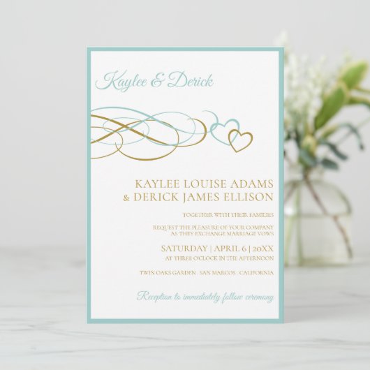 Harten bruiloft uitnodigingen | LT Turquoise & Gol (Staand voorkant)