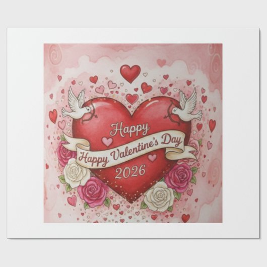Harten & Duiven - Valentijnsdag 2026 Design Cadeaupapier (Vlak)