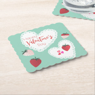 Harten en aardbeien Happy Valentines Day Kartonnen Onderzetters
