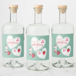 Harten en aardbeien Happy Valentines Day Likeurfles Etiket