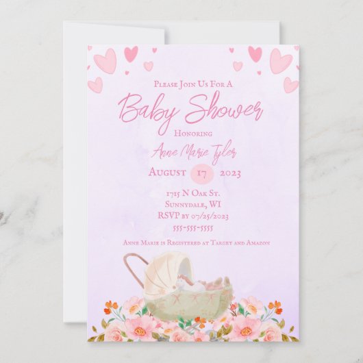 Harten en bloemen Baby shower Uitnodiging (Voorkant)