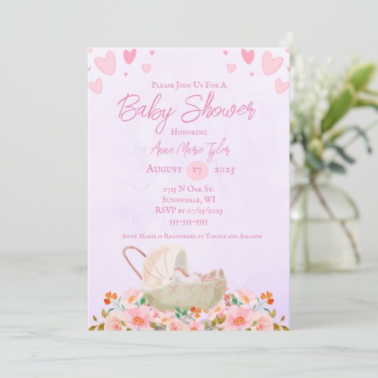 Harten en bloemen Baby shower Uitnodiging (Staand voorkant)