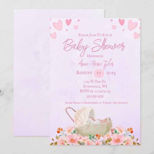 Harten en bloemen Baby shower Uitnodiging (Voorkant / Achterkant)