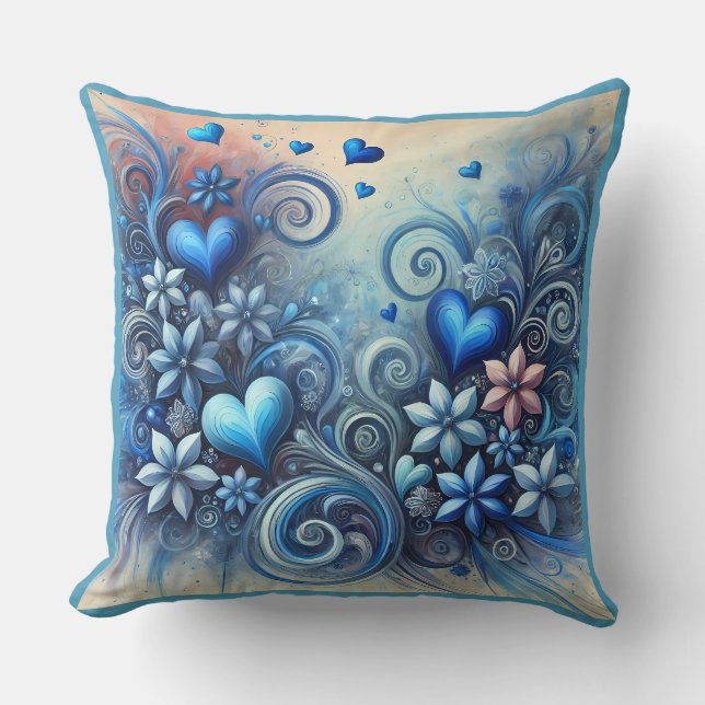 Harten en bloemen Blues Kussen (Voorkant)
