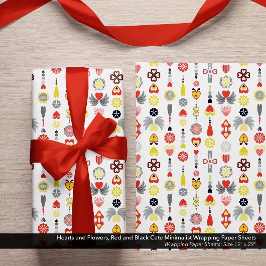Harten en bloemen rood en zwart Schattige minimali Inpakpapier Vel