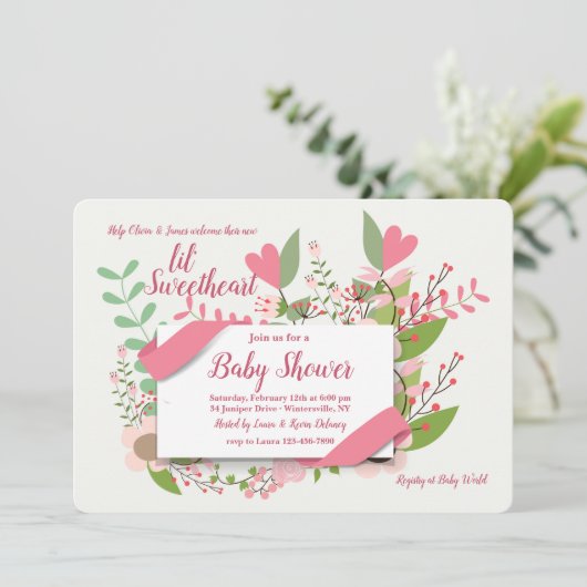 Harten en bloemen uitnodiging (Staand voorkant)