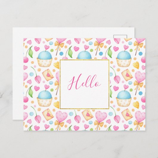 Harten en cupcakes heerlijke Waterverf Hallo Briefkaart (Voorkant / Achterkant)