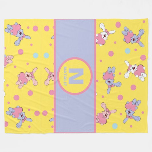 Harten en konijntjes in geel en roze meisjesnaam fleece deken (Voorkant (Horizontaal))