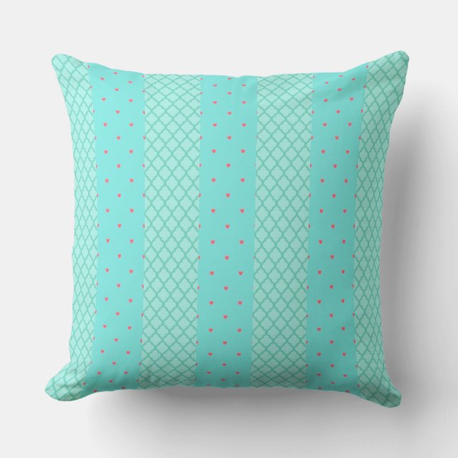 Harten en Lattice Pastel Blauw Groen Kussen (Voorkant)