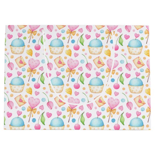 Harten en Muffins heerlijk Waterverf Patroon Groot Cadeauzakje (Voorkant)