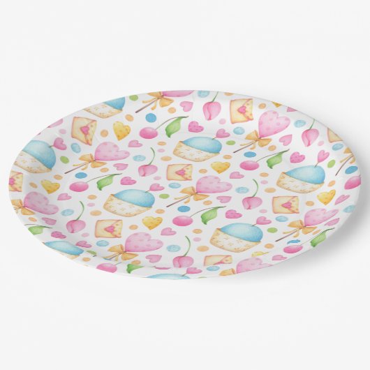 Harten en Muffins heerlijk Waterverf Patroon Papieren Bordje (Gekanteld)