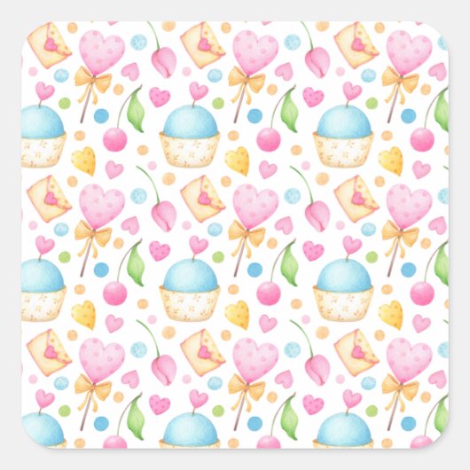 Harten en Muffins heerlijk Waterverf Patroon Vierkante Sticker (Voorkant)