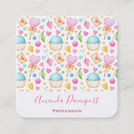Harten en Muffins heerlijk Waterverf Patroon Vierkante Visitekaartje (Voorkant)