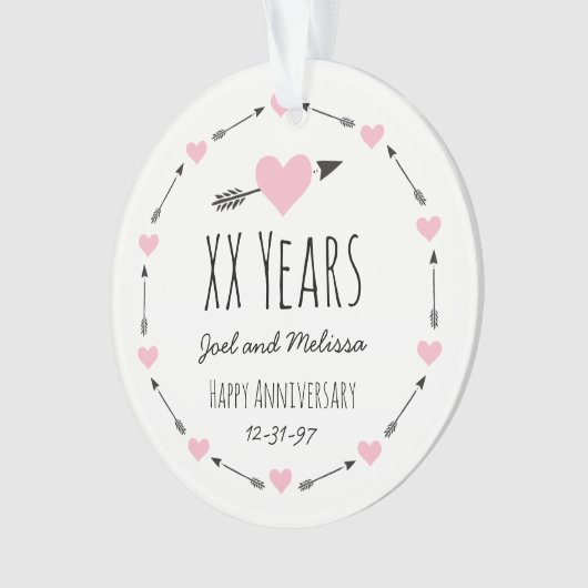 Harten en pijlen gepersonaliseerde bruiloft Jubile Ornament (voorkant)