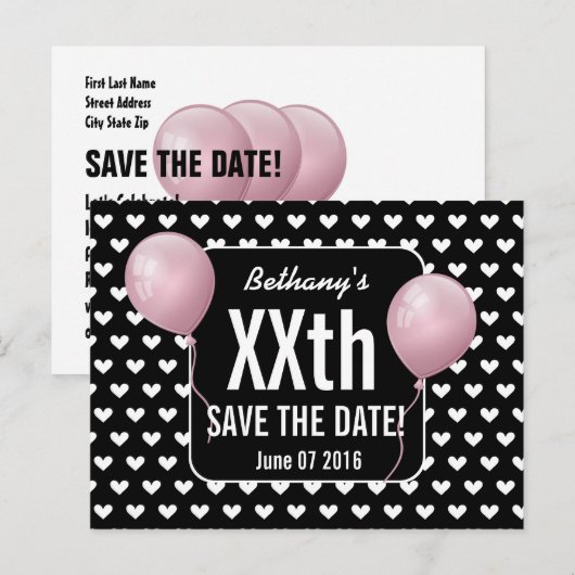 Harten en roze ballonnen elk jaar Verjaardag B03N Aankondigingskaart (Voorkant / Achterkant)